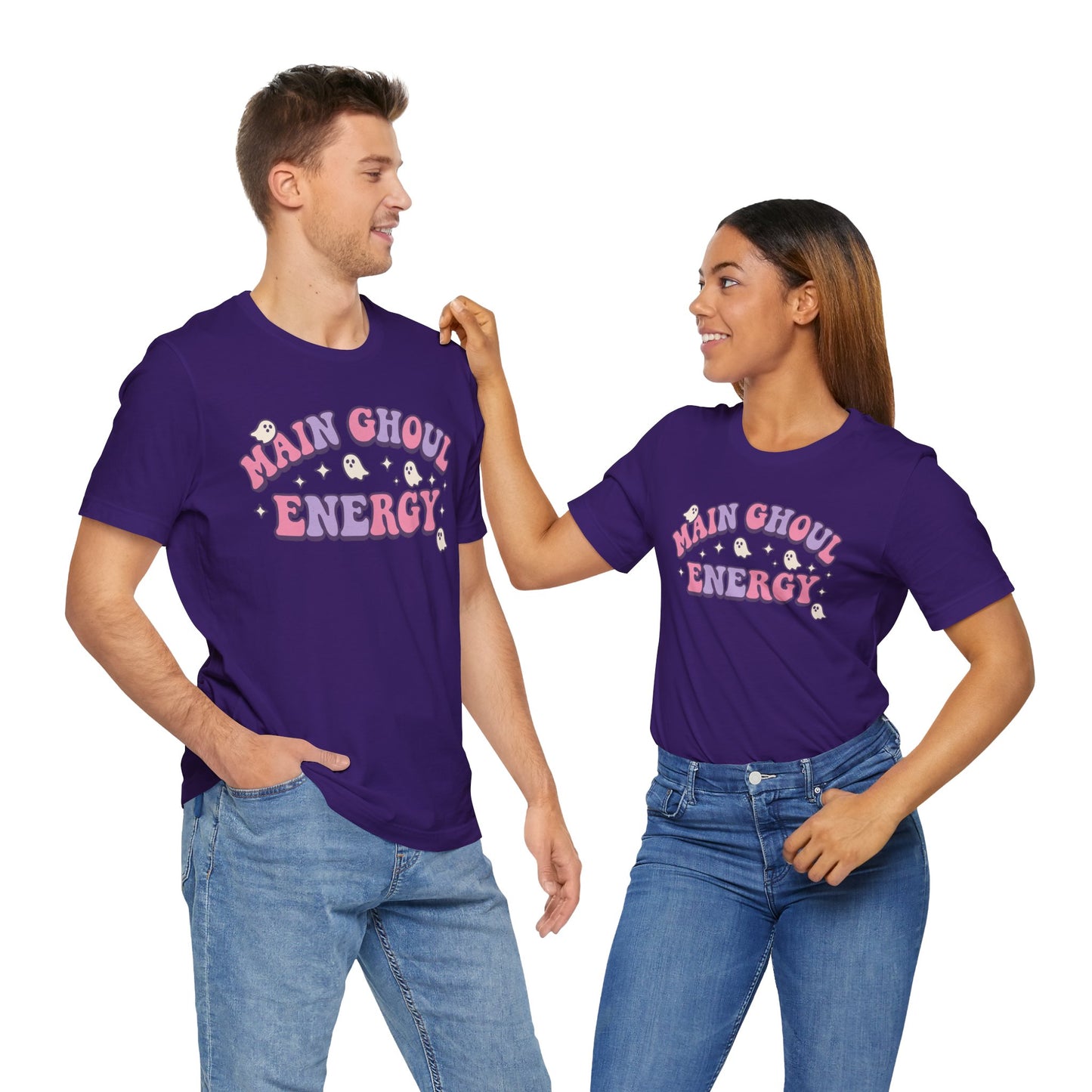 "Main Ghoul Energy" Unisex Short Sleeve T-Shirt, Halloween Party Shirt, Cute Graphic Tee, Gift for Ghost Lovers, Trendy Casual Wear