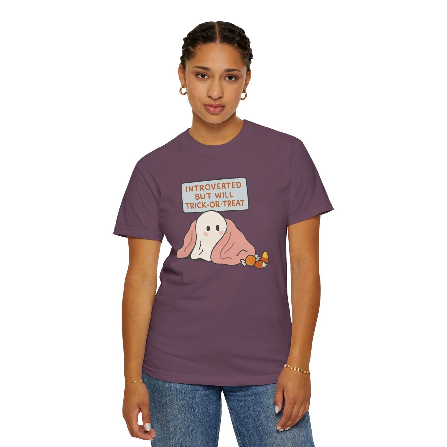 "Introverted But Will Trick or Treat" Unisex Halloween Tee, Funny Trick-or-Treat Shirt, Spooky Season Apparel, Gift for Introverts