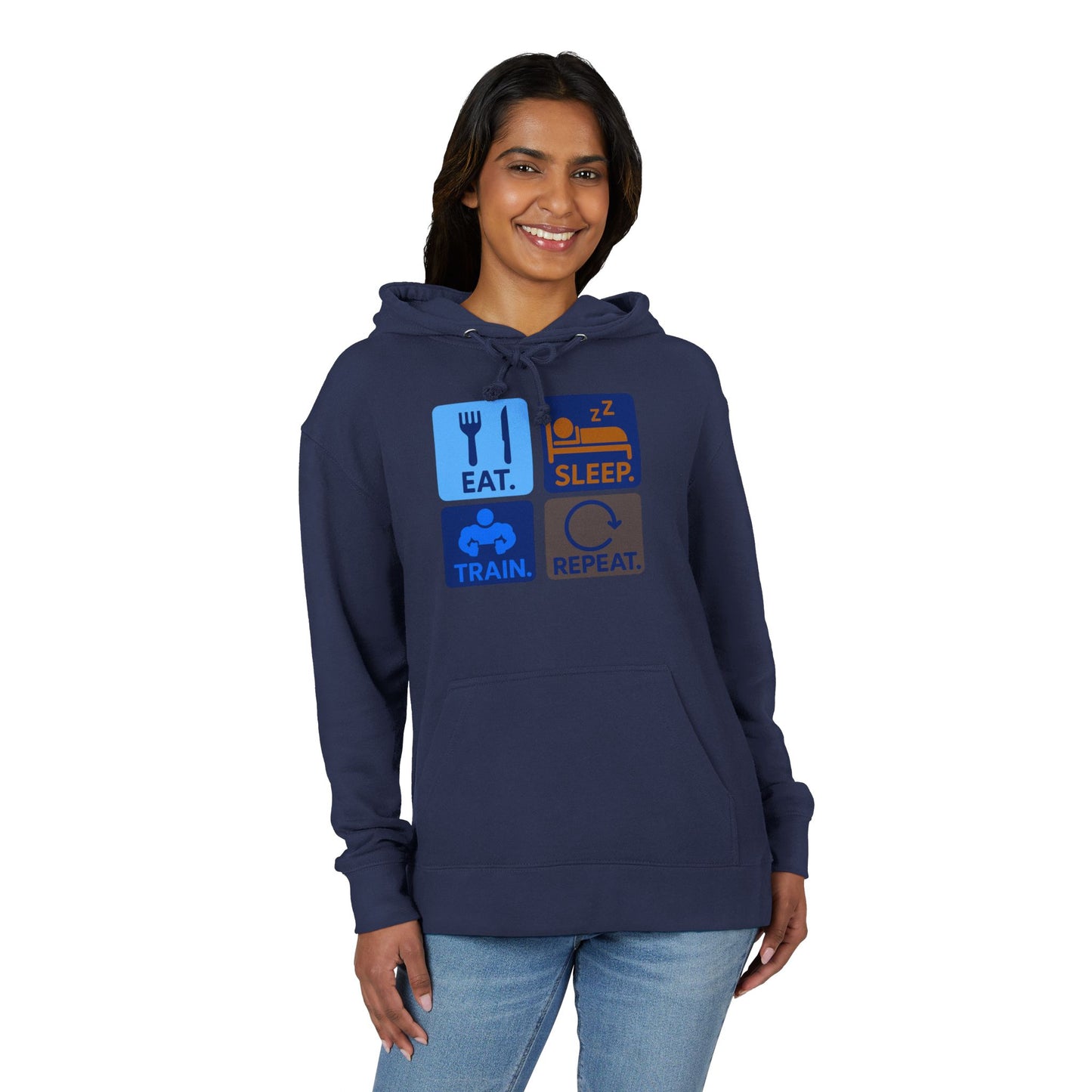 "EAT.SLEEP.TRAIN.REPEAT." Statement Hoodie for Fitness Lovers, Cozy Workout Gear, Athletic Hoodie, Motivational Hoodie, Gym Apparel