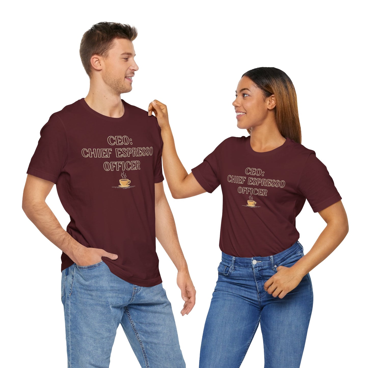 "CEO: Chief Espresso Officer" CW-1 Unisex Jersey T-Shirt for Baristas, Funny Coffee Shirt for Gifts, Perfect for Birthdays, Coffee Shop Outfits