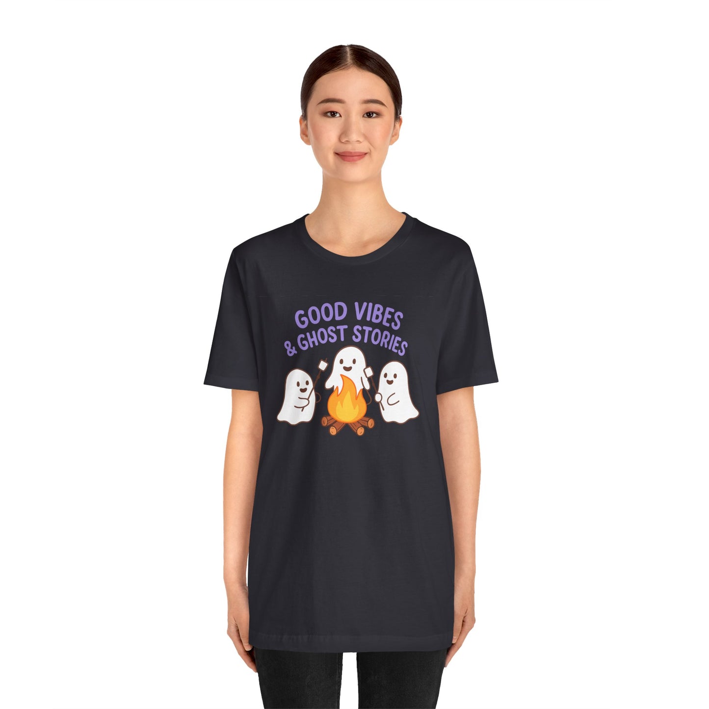 "Good Vibes & Ghost Stories" Unisex Jersey Short Sleeve Shirt for Halloween, Campfire Nights, Cozy Gatherings, Spirit Enthusiasts