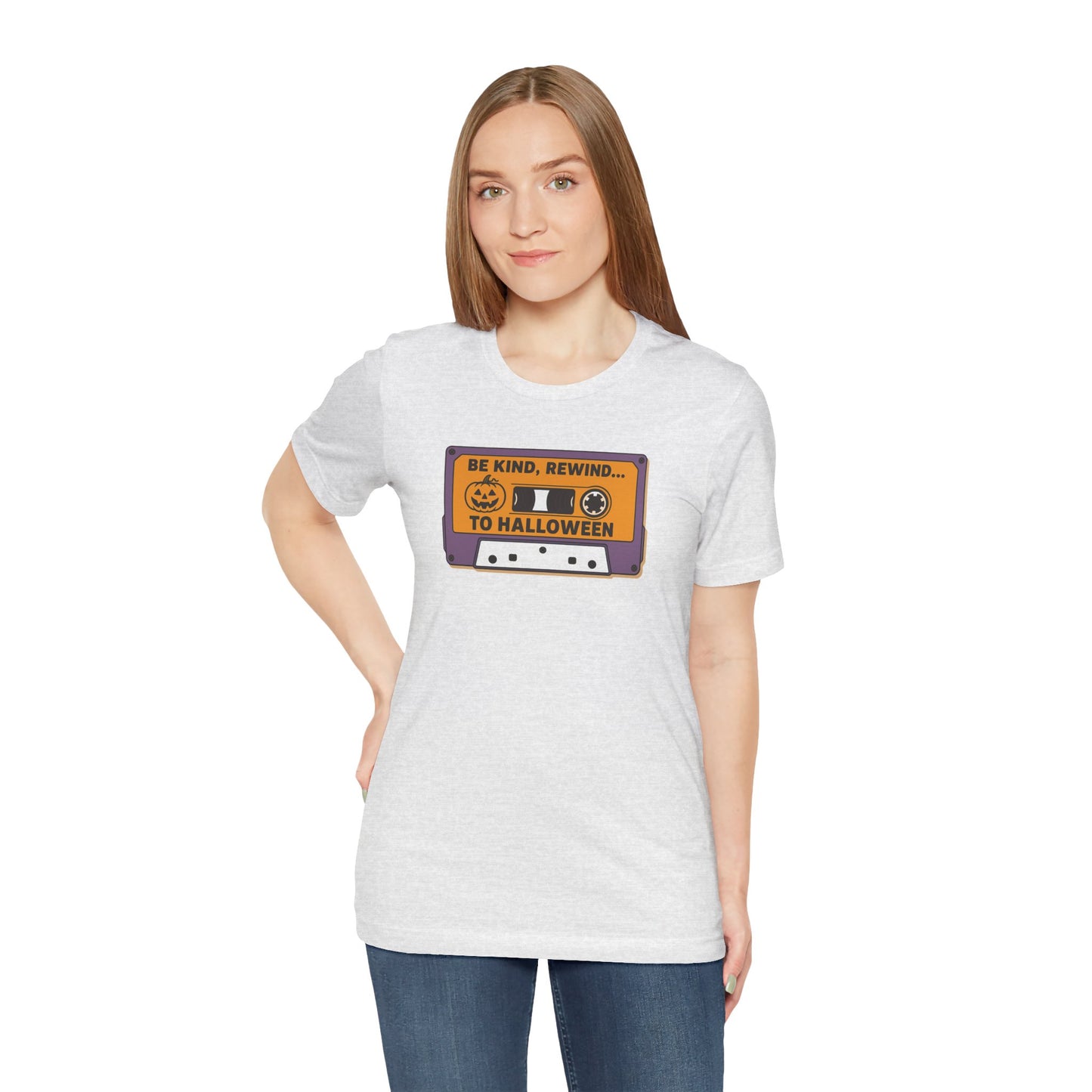 "Be Kind, Rewind to Halloween" T-Shirt, Unisex Casual Wear, Spooky Season Top, Vintage Style Shirt