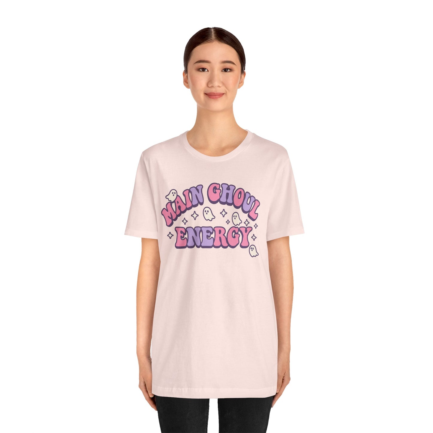 "Main Ghoul Energy" Unisex Short Sleeve T-Shirt, Halloween Party Shirt, Cute Graphic Tee, Gift for Ghost Lovers, Trendy Casual Wear
