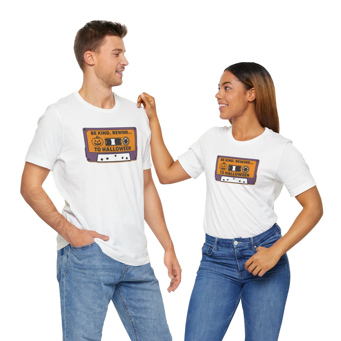 "Be Kind, Rewind to Halloween" T-Shirt, Unisex Casual Wear, Spooky Season Top, Vintage Style Shirt