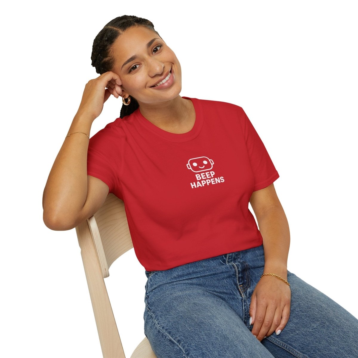 "Beep Happens" CW1 - White Unisex Softstyle T-Shirt, Comfy Casual Tee, Everyday Wear, Gift for Him/Her, Birthday Shirt, Relaxed Fit Top - AI Tee Hero