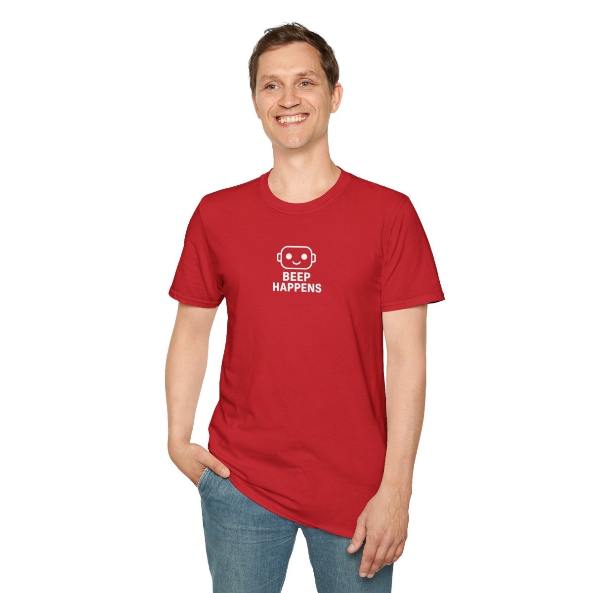 "Beep Happens" CW1 - White Unisex Softstyle T-Shirt, Comfy Casual Tee, Everyday Wear, Gift for Him/Her, Birthday Shirt, Relaxed Fit Top - AI Tee Hero