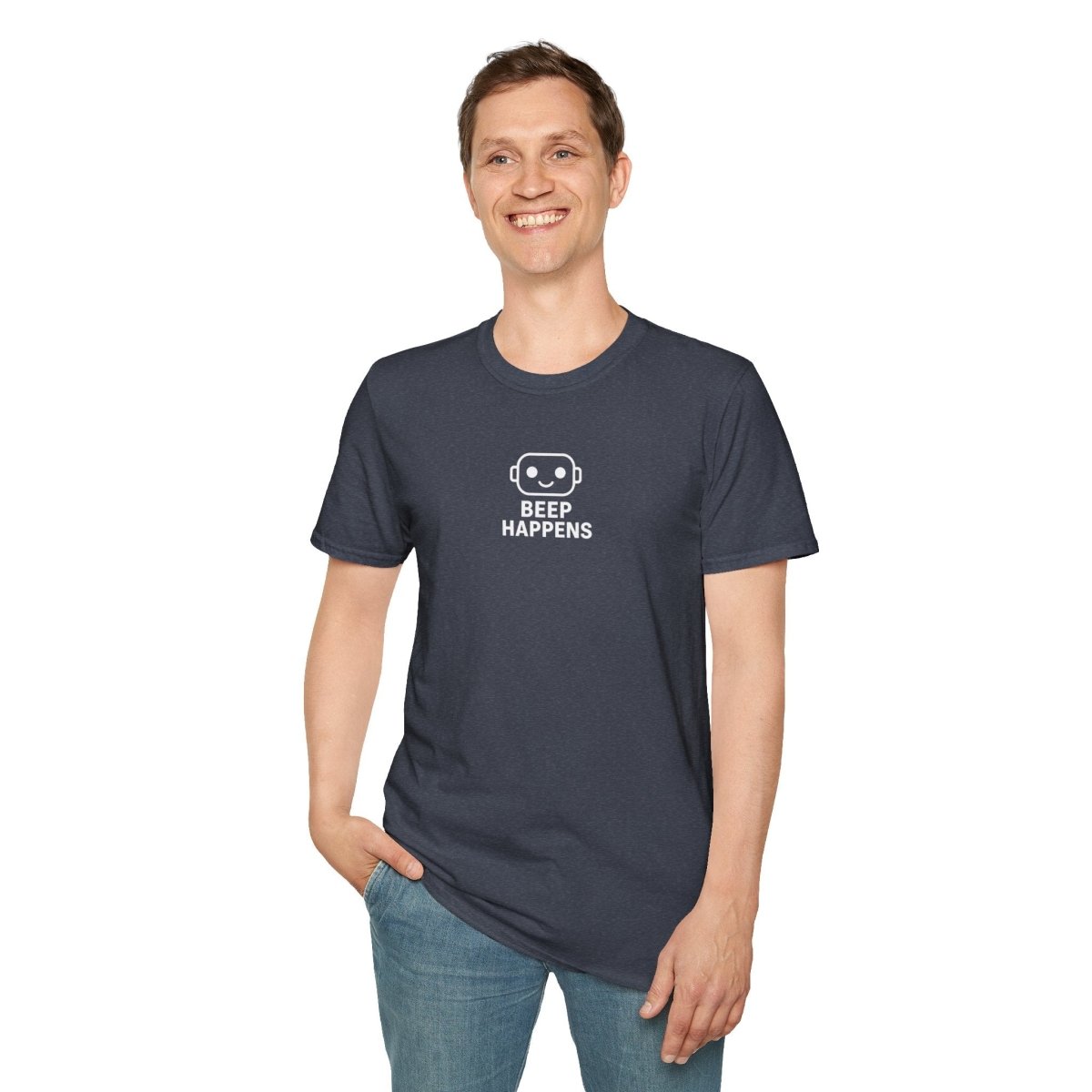 "Beep Happens" CW1 - White Unisex Softstyle T-Shirt, Comfy Casual Tee, Everyday Wear, Gift for Him/Her, Birthday Shirt, Relaxed Fit Top - AI Tee Hero
