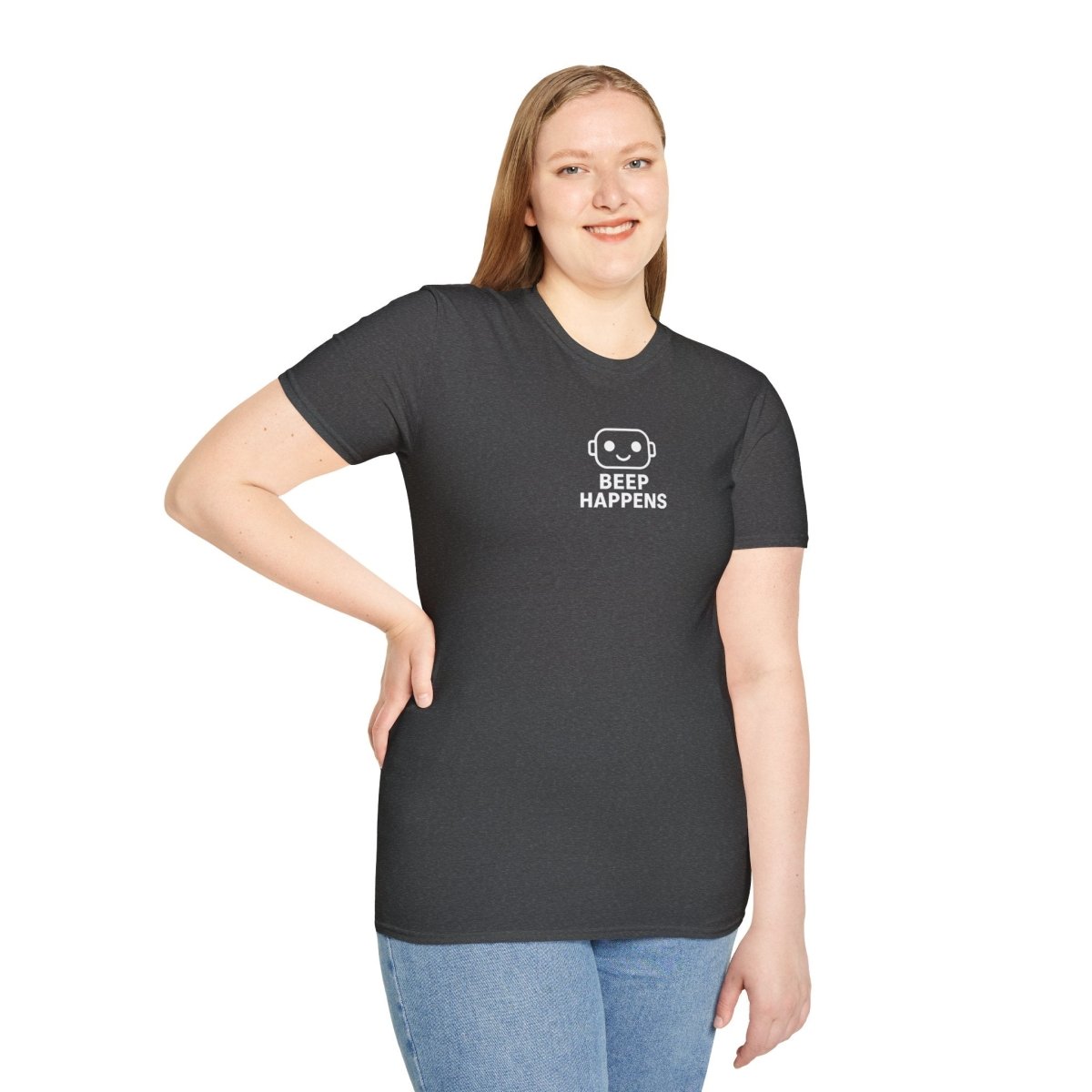 "Beep Happens" CW1 - White Unisex Softstyle T-Shirt, Comfy Casual Tee, Everyday Wear, Gift for Him/Her, Birthday Shirt, Relaxed Fit Top - AI Tee Hero