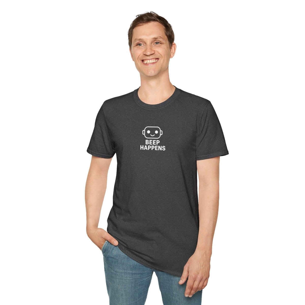 "Beep Happens" CW1 - White Unisex Softstyle T-Shirt, Comfy Casual Tee, Everyday Wear, Gift for Him/Her, Birthday Shirt, Relaxed Fit Top - AI Tee Hero