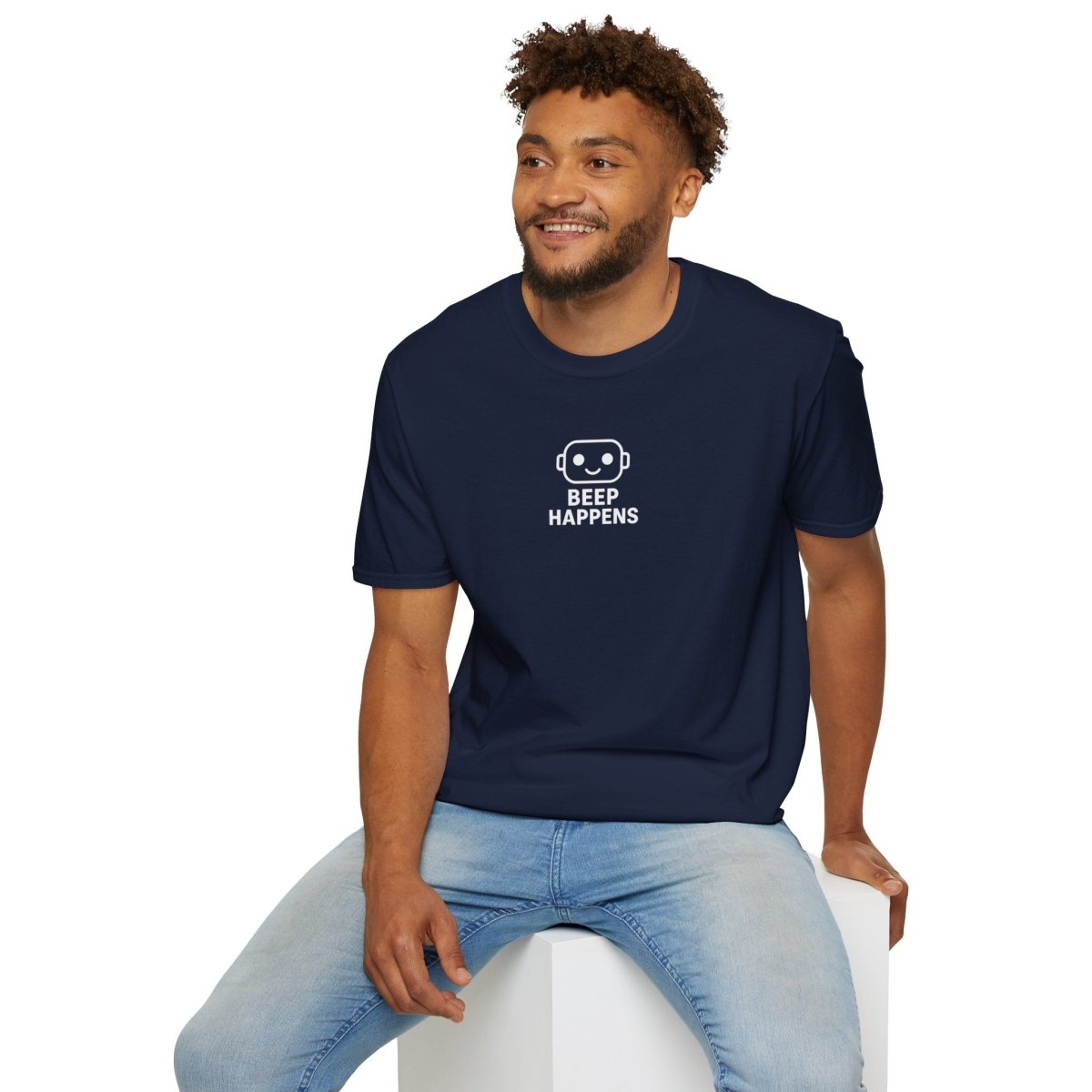 "Beep Happens" CW1 - White Unisex Softstyle T-Shirt, Comfy Casual Tee, Everyday Wear, Gift for Him/Her, Birthday Shirt, Relaxed Fit Top - AI Tee Hero