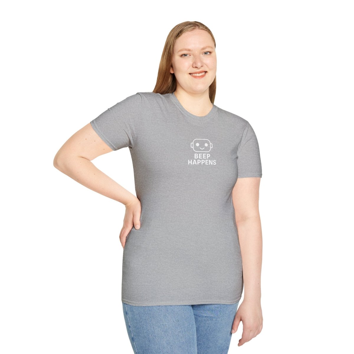 "Beep Happens" CW1 - White Unisex Softstyle T-Shirt, Comfy Casual Tee, Everyday Wear, Gift for Him/Her, Birthday Shirt, Relaxed Fit Top - AI Tee Hero