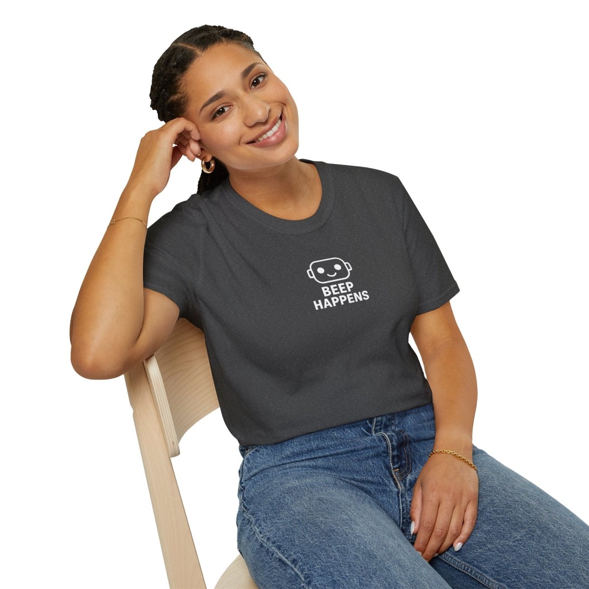 "Beep Happens" CW1 - White Unisex Softstyle T-Shirt, Comfy Casual Tee, Everyday Wear, Gift for Him/Her, Birthday Shirt, Relaxed Fit Top - AI Tee Hero