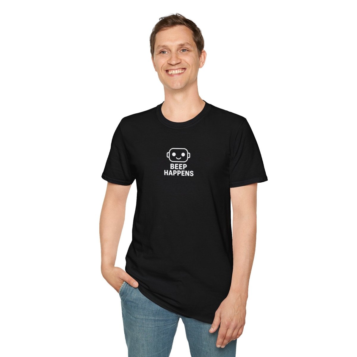 "Beep Happens" CW1 - White Unisex Softstyle T-Shirt, Comfy Casual Tee, Everyday Wear, Gift for Him/Her, Birthday Shirt, Relaxed Fit Top - AI Tee Hero