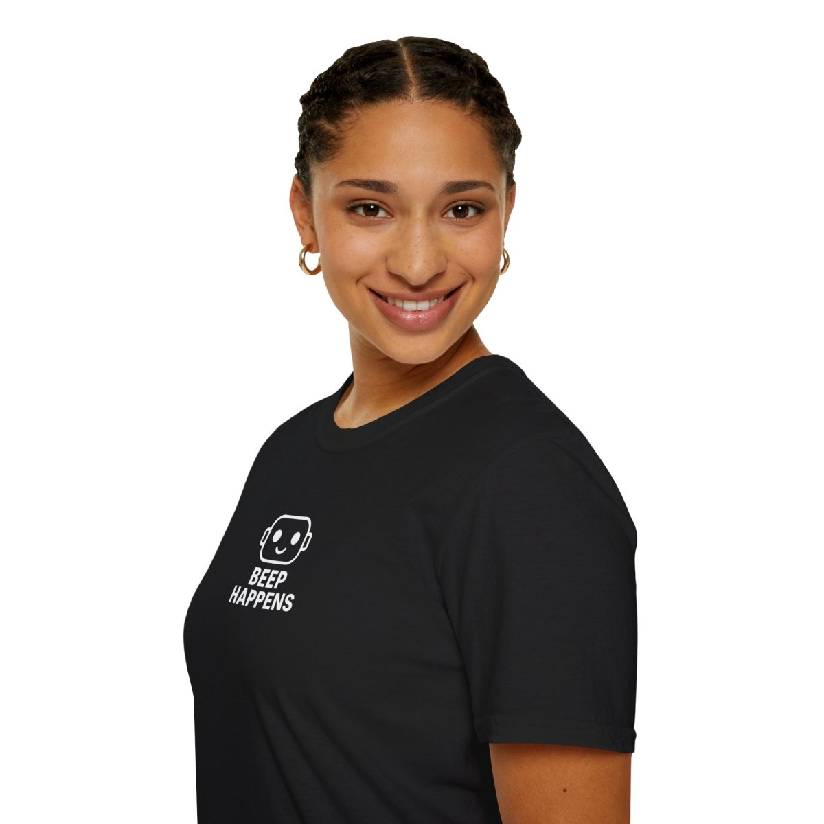 "Beep Happens" CW1 - White Unisex Softstyle T-Shirt, Comfy Casual Tee, Everyday Wear, Gift for Him/Her, Birthday Shirt, Relaxed Fit Top - AI Tee Hero