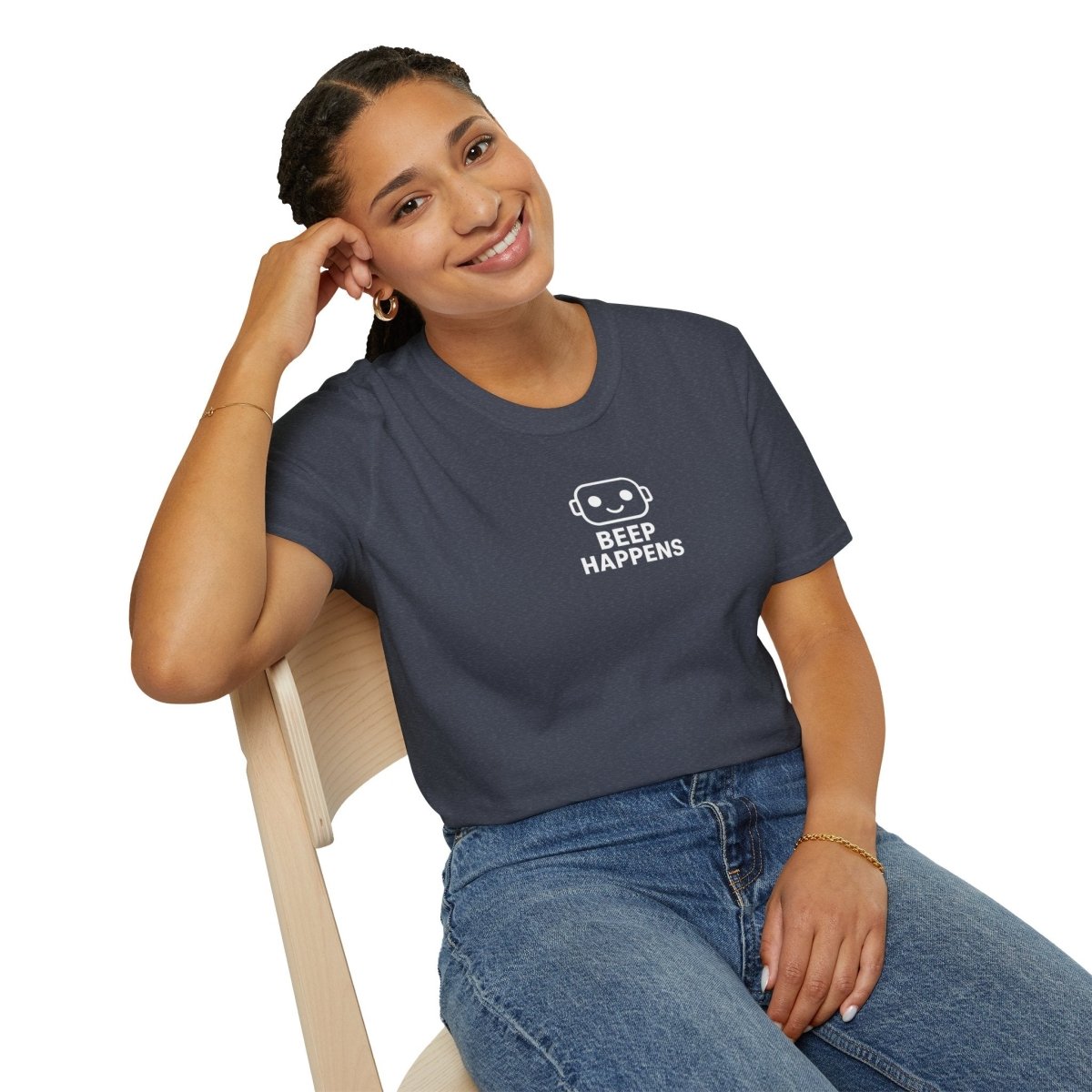 "Beep Happens" CW1 - White Unisex Softstyle T-Shirt, Comfy Casual Tee, Everyday Wear, Gift for Him/Her, Birthday Shirt, Relaxed Fit Top - AI Tee Hero