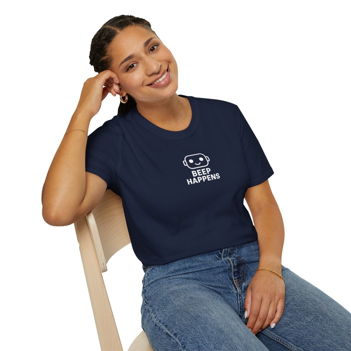 "Beep Happens" CW1 - White Unisex Softstyle T-Shirt, Comfy Casual Tee, Everyday Wear, Gift for Him/Her, Birthday Shirt, Relaxed Fit Top - AI Tee Hero