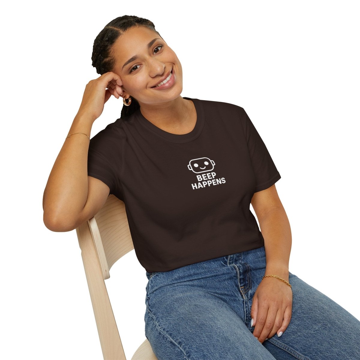 "Beep Happens" CW1 - White Unisex Softstyle T-Shirt, Comfy Casual Tee, Everyday Wear, Gift for Him/Her, Birthday Shirt, Relaxed Fit Top - AI Tee Hero