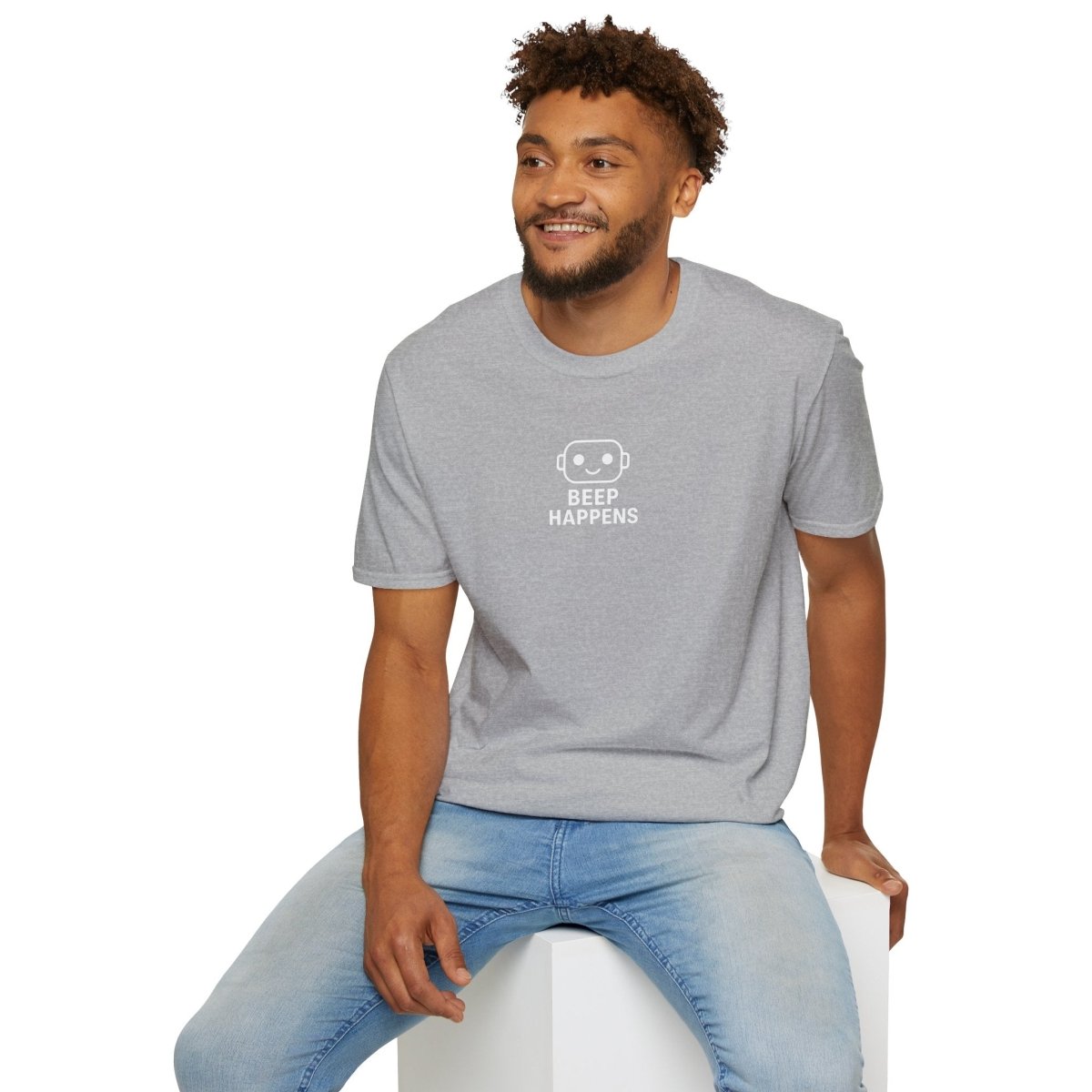 "Beep Happens" CW1 - White Unisex Softstyle T-Shirt, Comfy Casual Tee, Everyday Wear, Gift for Him/Her, Birthday Shirt, Relaxed Fit Top - AI Tee Hero