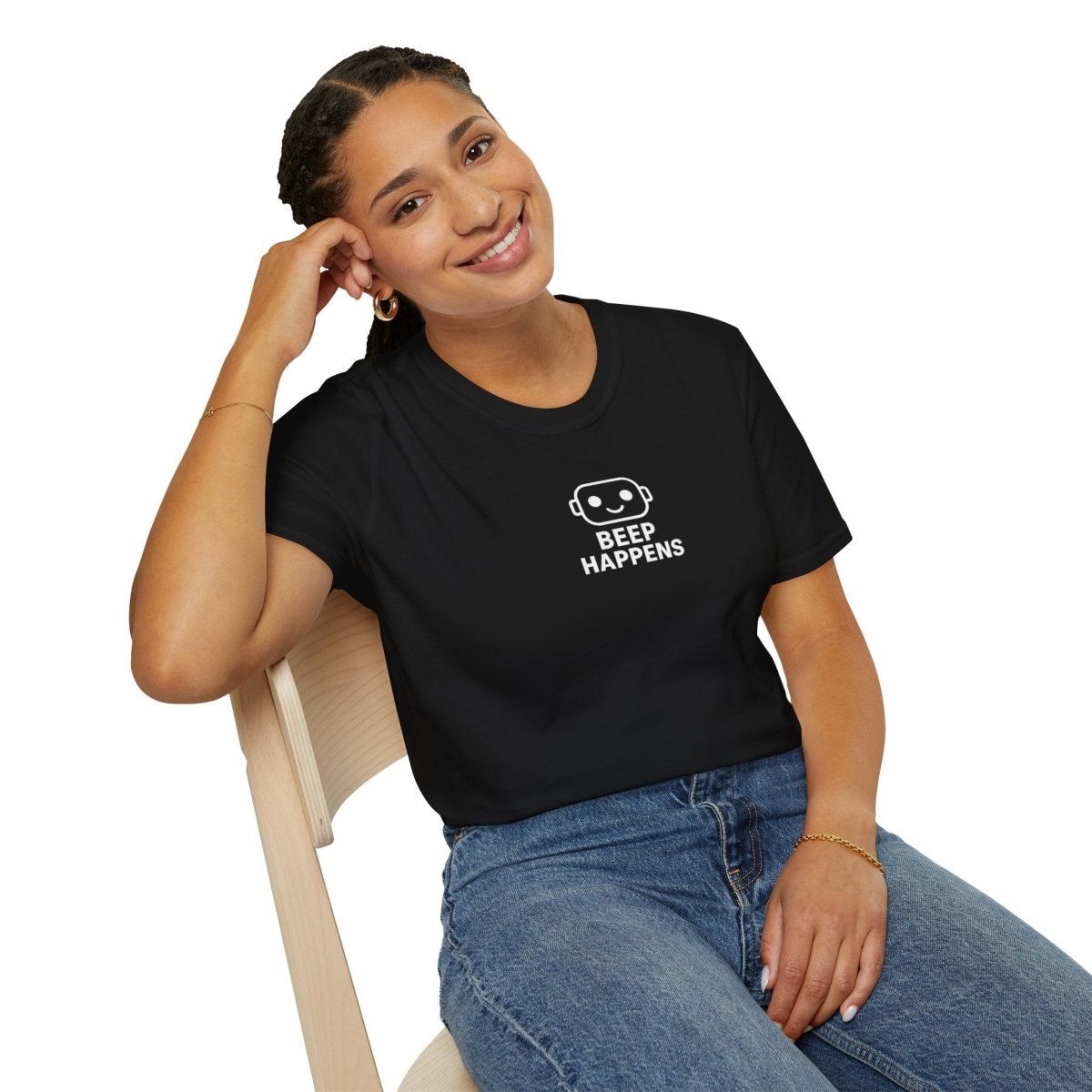 "Beep Happens" CW1 - White Unisex Softstyle T-Shirt, Comfy Casual Tee, Everyday Wear, Gift for Him/Her, Birthday Shirt, Relaxed Fit Top - AI Tee Hero