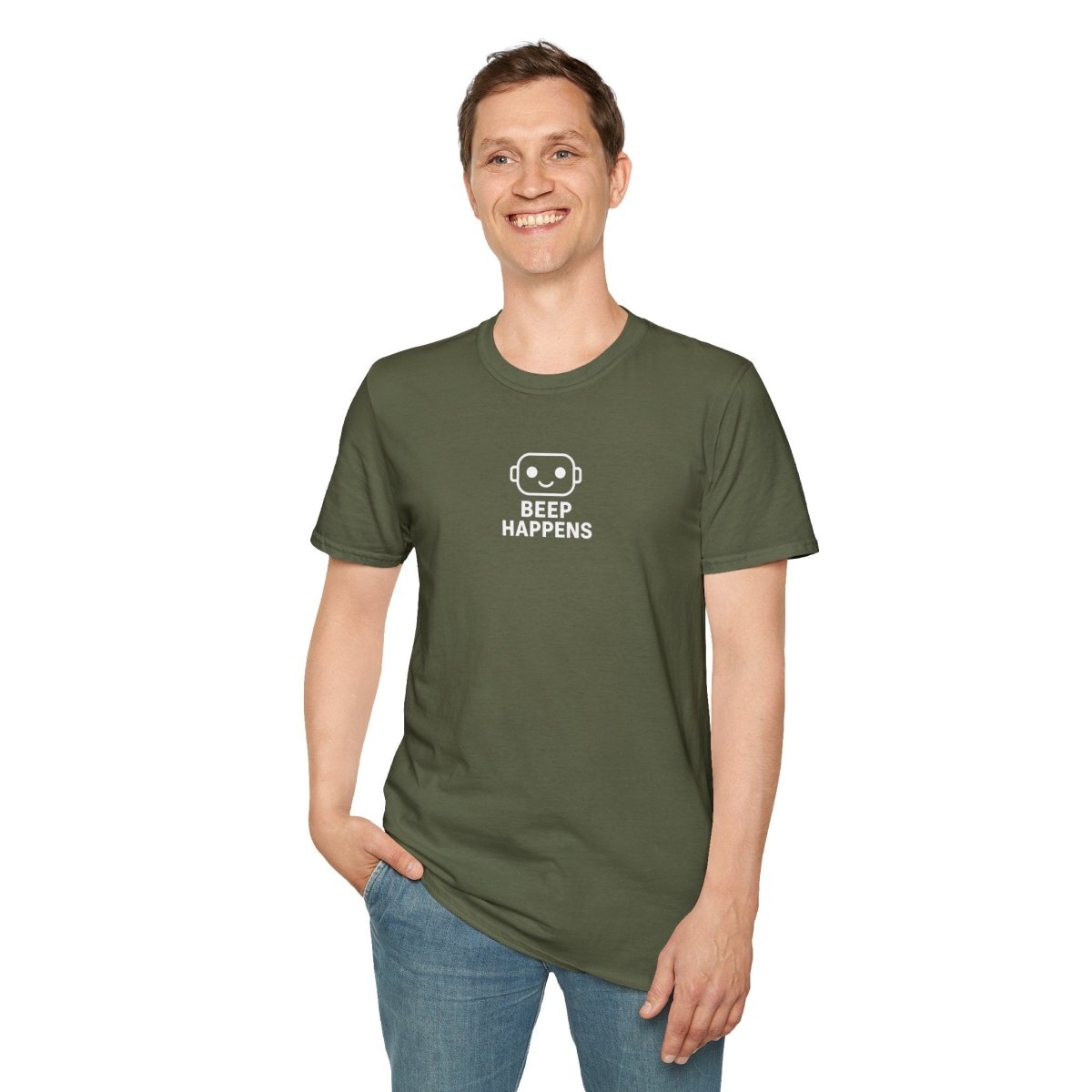 "Beep Happens" CW1 - White Unisex Softstyle T-Shirt, Comfy Casual Tee, Everyday Wear, Gift for Him/Her, Birthday Shirt, Relaxed Fit Top - AI Tee Hero