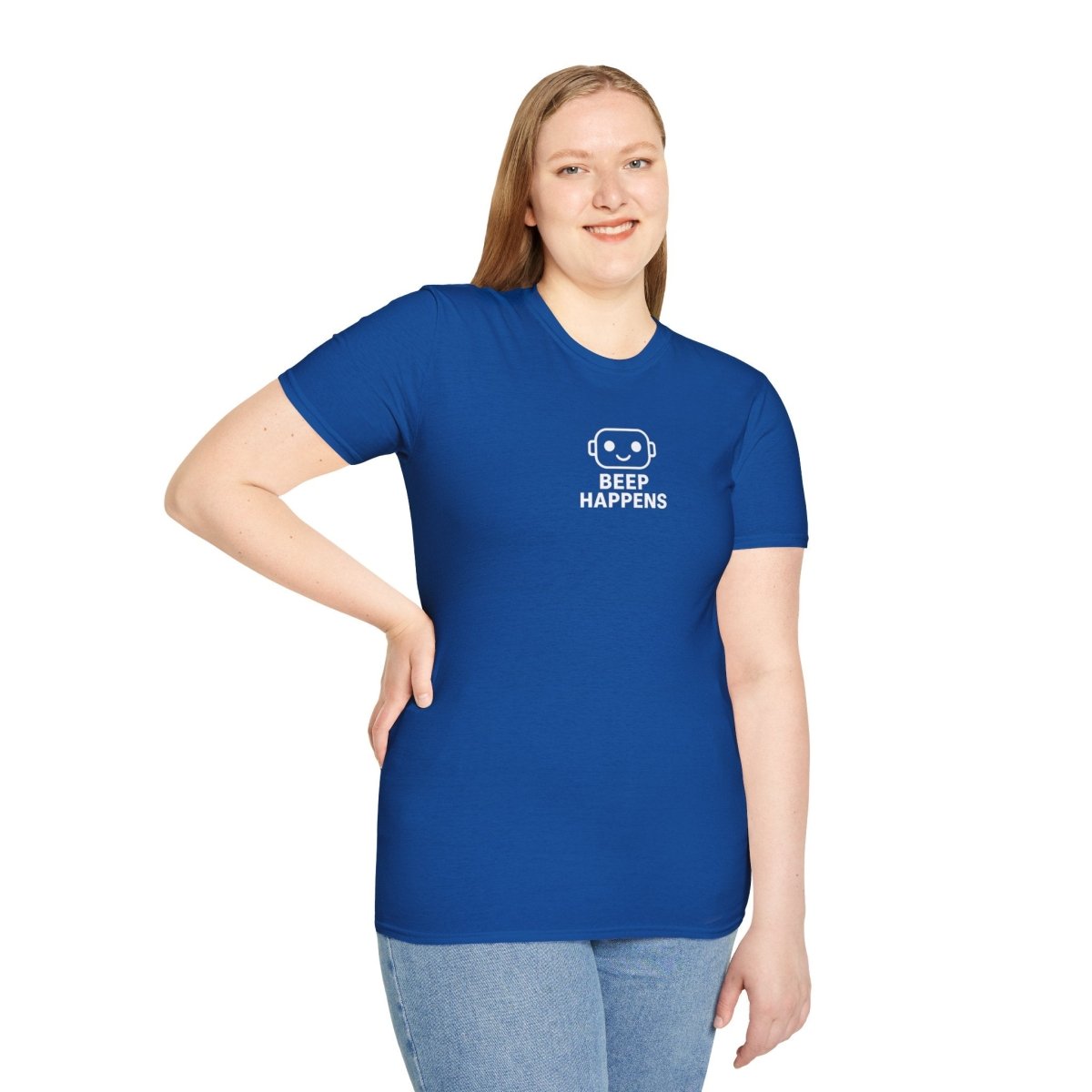 "Beep Happens" CW1 - White Unisex Softstyle T-Shirt, Comfy Casual Tee, Everyday Wear, Gift for Him/Her, Birthday Shirt, Relaxed Fit Top - AI Tee Hero