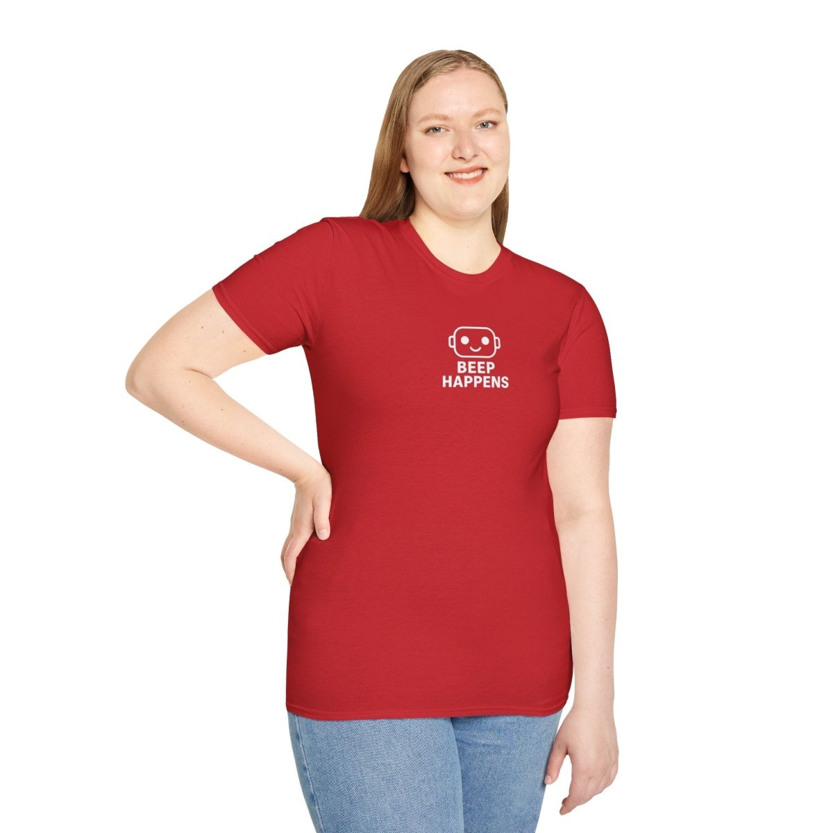 "Beep Happens" CW1 - White Unisex Softstyle T-Shirt, Comfy Casual Tee, Everyday Wear, Gift for Him/Her, Birthday Shirt, Relaxed Fit Top - AI Tee Hero