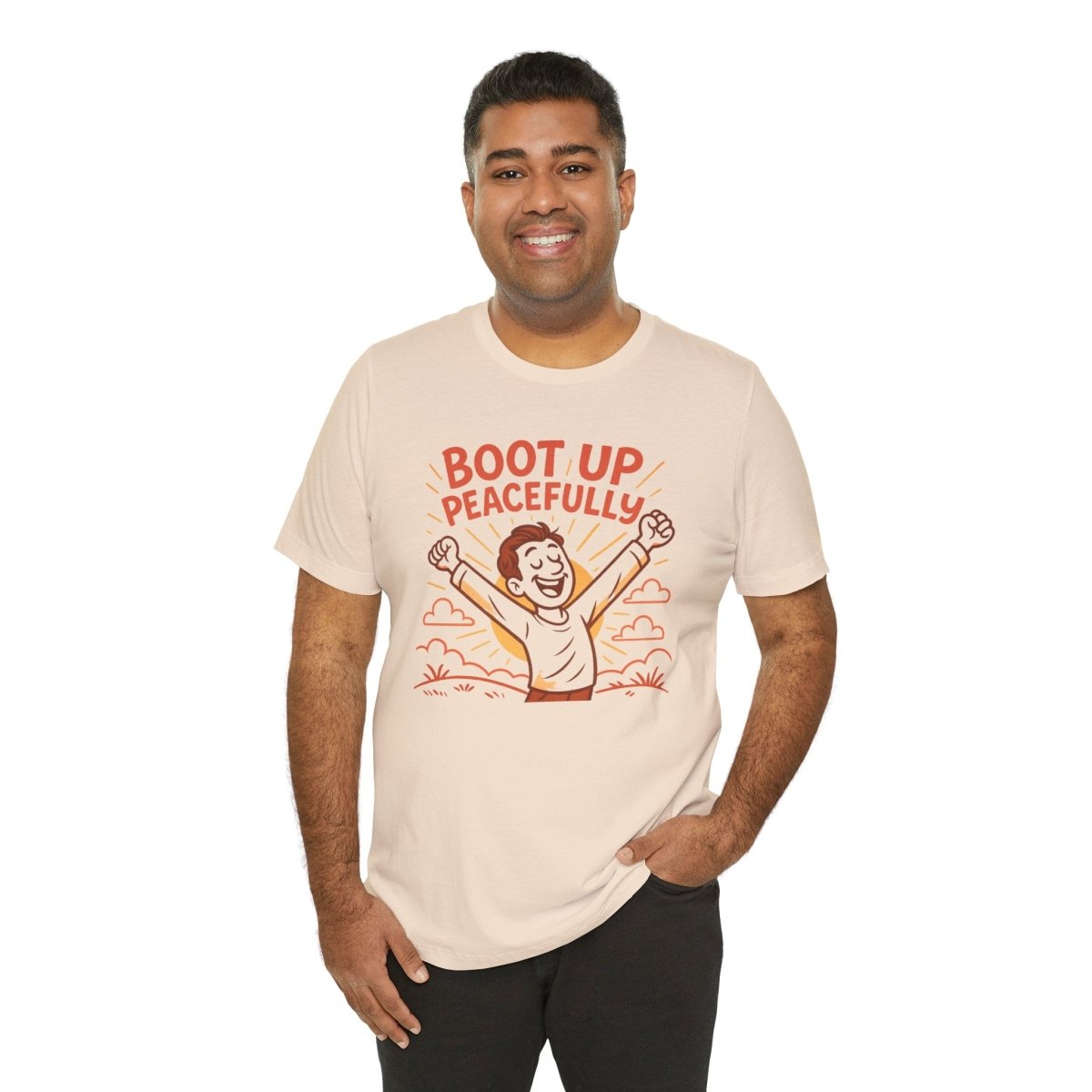 "Boot Up Peacefully" Comfortably Cool Shirt for Tech Lovers, Gift for Gamers, Chill Vibe Style, Relaxed Fit Top - MINDSet Collection - AI Tee Hero
