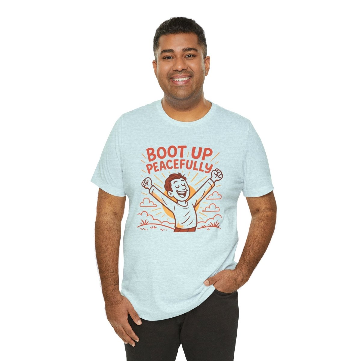 "Boot Up Peacefully" Comfortably Cool Shirt for Tech Lovers, Gift for Gamers, Chill Vibe Style, Relaxed Fit Top - MINDSet Collection - AI Tee Hero
