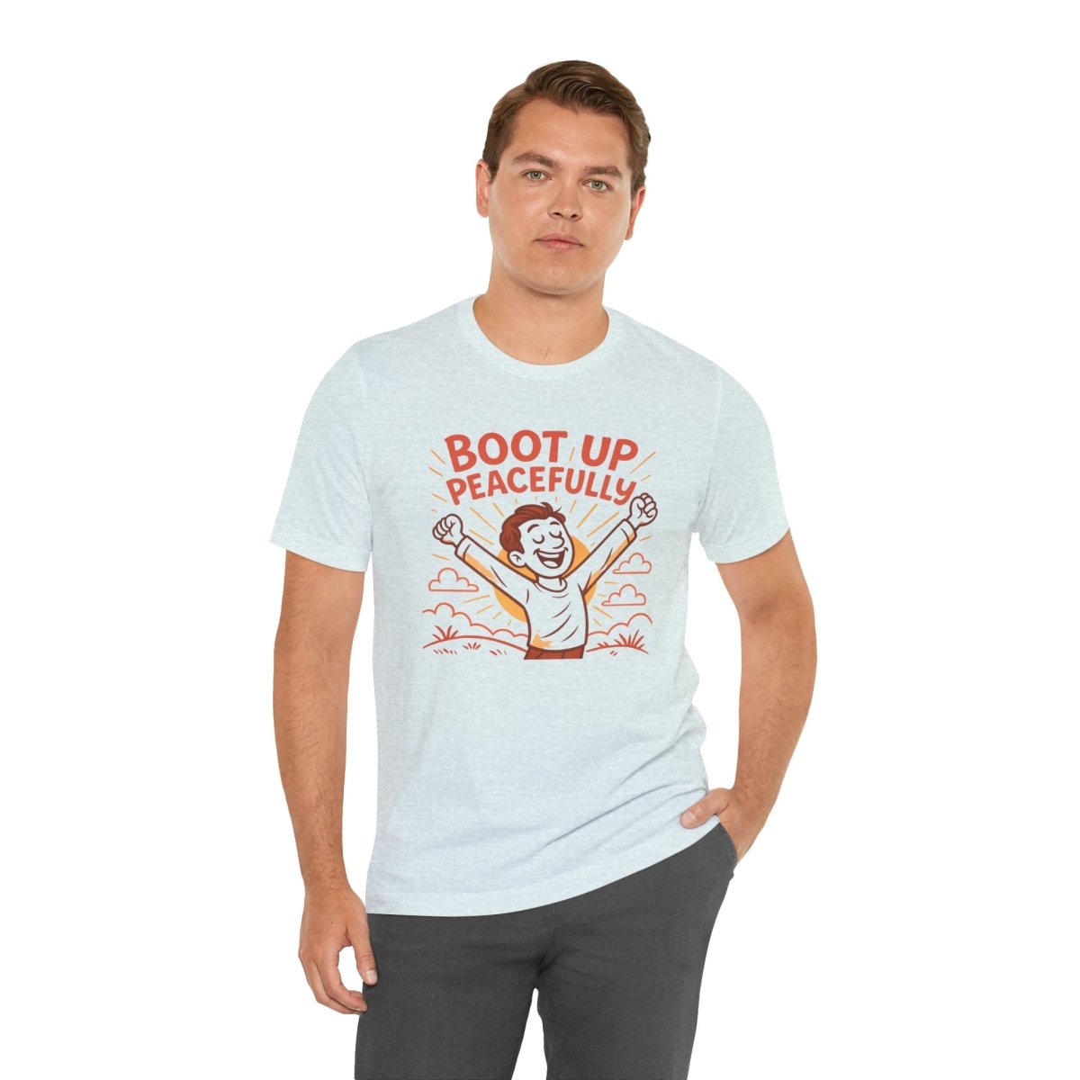 "Boot Up Peacefully" Comfortably Cool Shirt for Tech Lovers, Gift for Gamers, Chill Vibe Style, Relaxed Fit Top - MINDSet Collection - AI Tee Hero