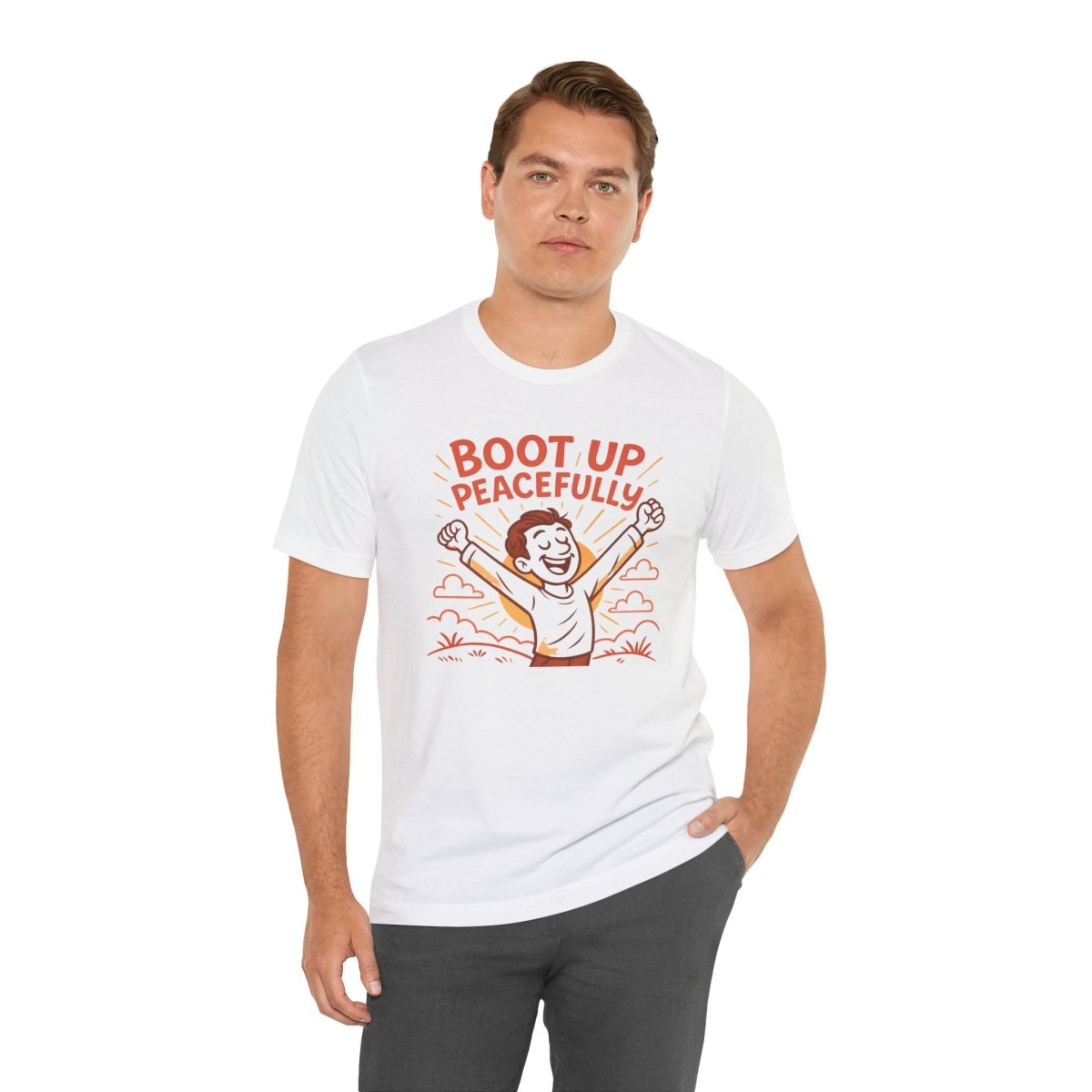 "Boot Up Peacefully" Comfortably Cool Shirt for Tech Lovers, Gift for Gamers, Chill Vibe Style, Relaxed Fit Top - MINDSet Collection - AI Tee Hero