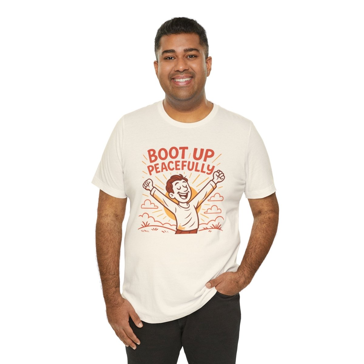 "Boot Up Peacefully" Comfortably Cool Shirt for Tech Lovers, Gift for Gamers, Chill Vibe Style, Relaxed Fit Top - MINDSet Collection - AI Tee Hero