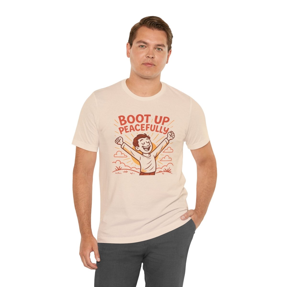 "Boot Up Peacefully" Comfortably Cool Shirt for Tech Lovers, Gift for Gamers, Chill Vibe Style, Relaxed Fit Top - MINDSet Collection - AI Tee Hero
