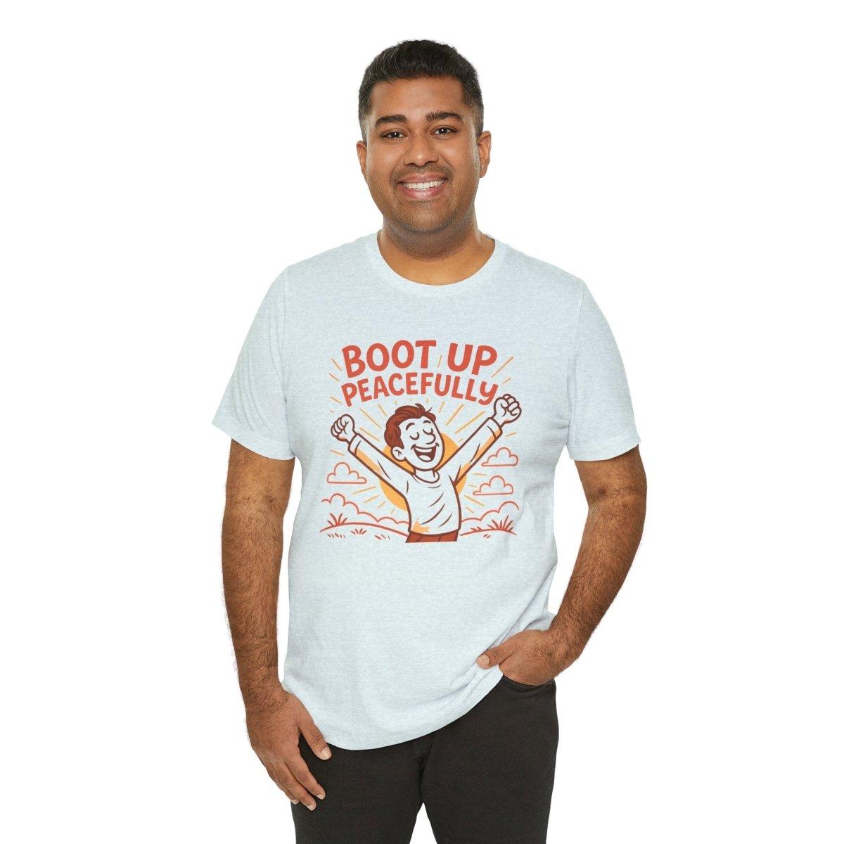 "Boot Up Peacefully" Comfortably Cool Shirt for Tech Lovers, Gift for Gamers, Chill Vibe Style, Relaxed Fit Top - MINDSet Collection - AI Tee Hero