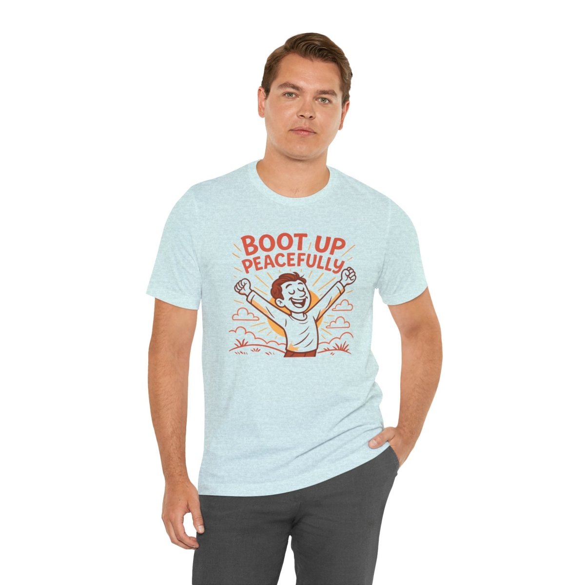 "Boot Up Peacefully" Comfortably Cool Shirt for Tech Lovers, Gift for Gamers, Chill Vibe Style, Relaxed Fit Top - MINDSet Collection - AI Tee Hero