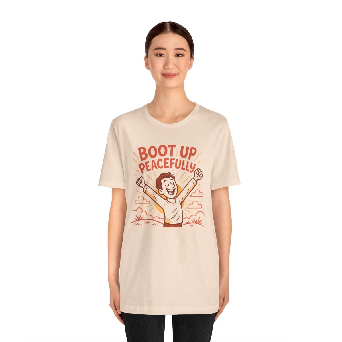 "Boot Up Peacefully" Comfortably Cool Shirt for Tech Lovers, Gift for Gamers, Chill Vibe Style, Relaxed Fit Top - MINDSet Collection - AI Tee Hero