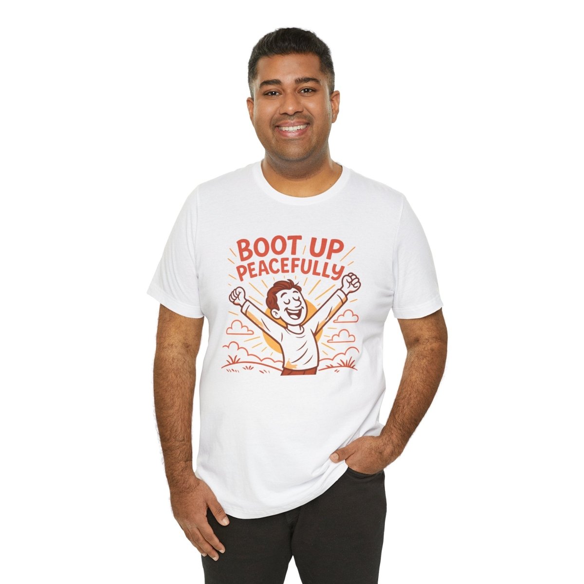 "Boot Up Peacefully" Comfortably Cool Shirt for Tech Lovers, Gift for Gamers, Chill Vibe Style, Relaxed Fit Top - MINDSet Collection - AI Tee Hero