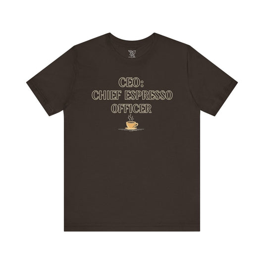"CEO: Chief Espresso Officer" CW - 1 Unisex Jersey T-Shirt for Baristas, Funny Coffee Shirt for Gifts, Perfect for Birthdays, Coffee Shop Outfits - AI Tee Hero