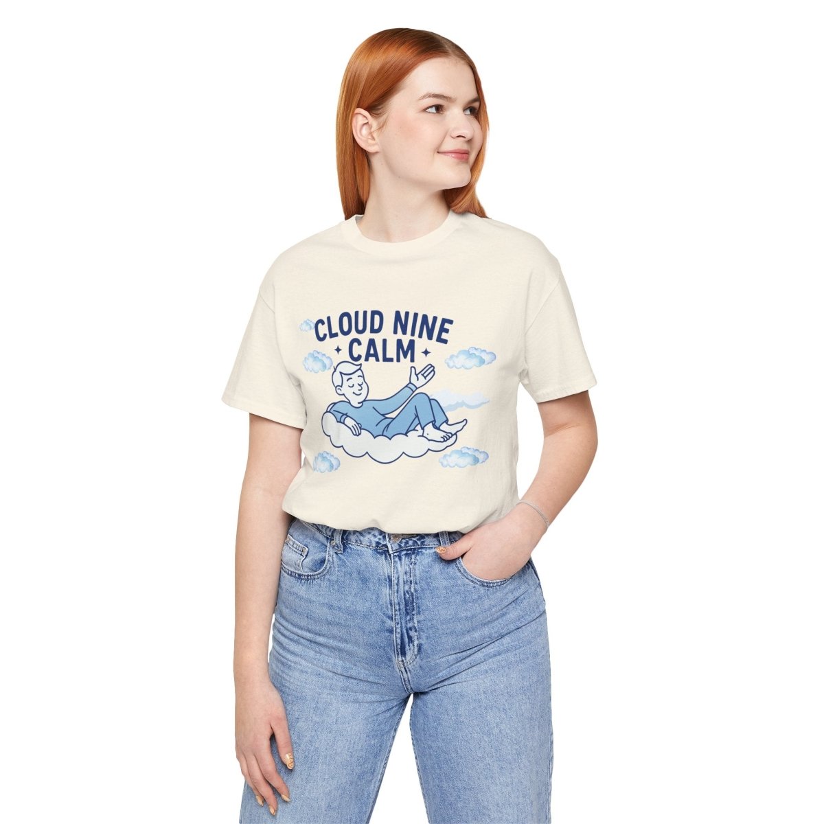 "Cloud Nine Calm" Relaxed Unisex Jersey Short Sleeve T-Shirt, Gift for Mindfulness, Cozy Fashion, Casual Wear, Relaxation Outfit - CW1 MINDSet Collection - AI Tee Hero