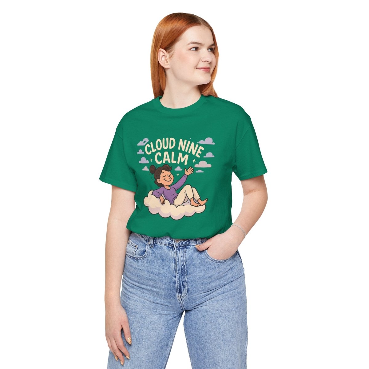 "Cloud Nine Calm" Relaxed Unisex Jersey Short Sleeve T-Shirt, Gift for Mindfulness, Cozy Fashion, Casual Wear, Relaxation Outfit - CW2 MINDSet Collection - AI Tee Hero
