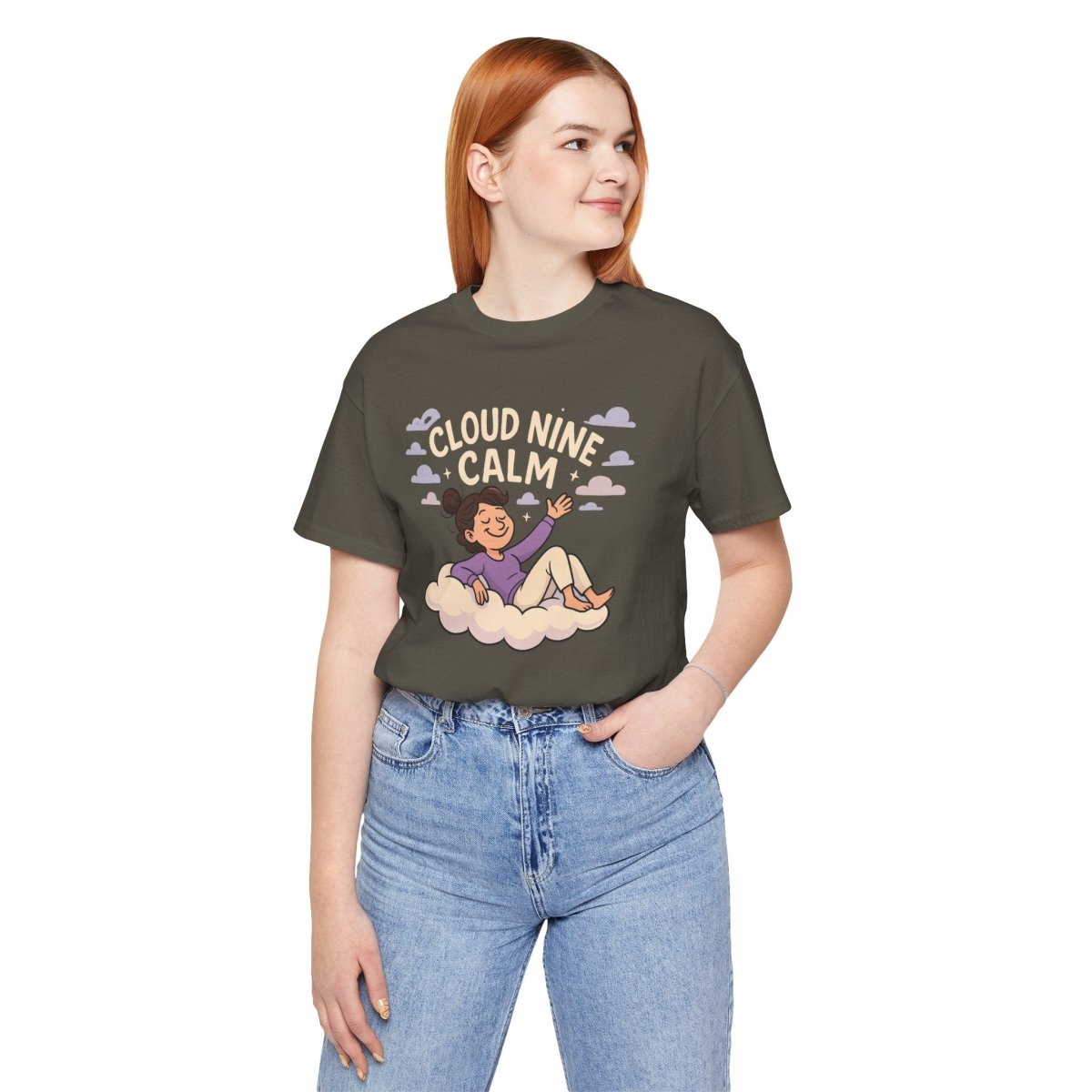 "Cloud Nine Calm" Relaxed Unisex Jersey Short Sleeve T-Shirt, Gift for Mindfulness, Cozy Fashion, Casual Wear, Relaxation Outfit - CW2 MINDSet Collection - AI Tee Hero