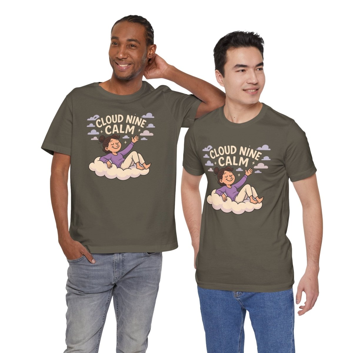 "Cloud Nine Calm" Relaxed Unisex Jersey Short Sleeve T-Shirt, Gift for Mindfulness, Cozy Fashion, Casual Wear, Relaxation Outfit - CW2 MINDSet Collection - AI Tee Hero