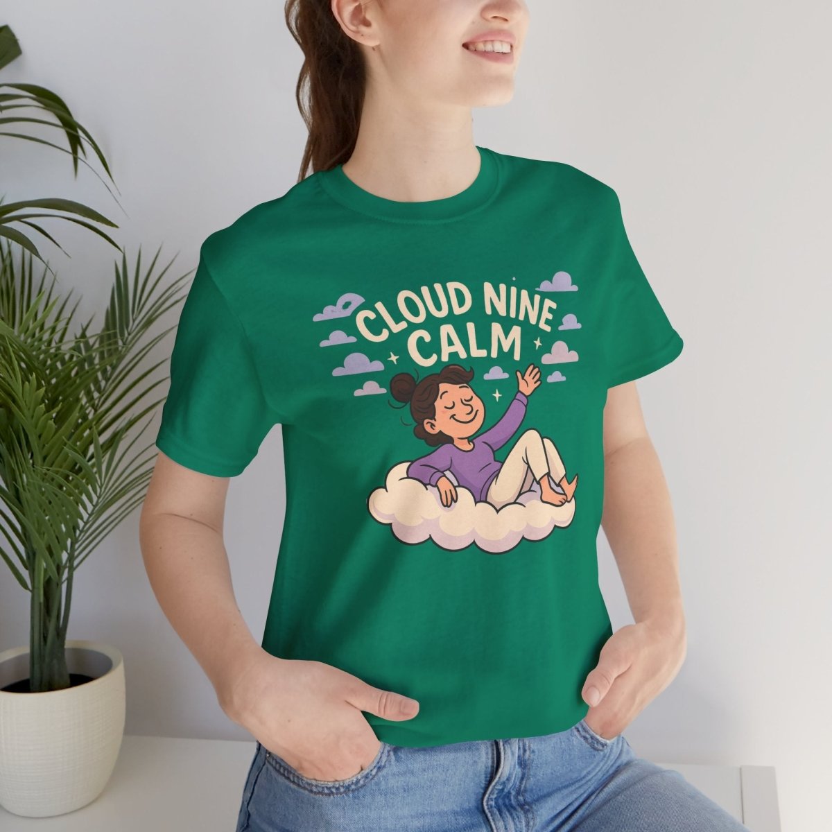 "Cloud Nine Calm" Relaxed Unisex Jersey Short Sleeve T-Shirt, Gift for Mindfulness, Cozy Fashion, Casual Wear, Relaxation Outfit - CW2 MINDSet Collection - AI Tee Hero