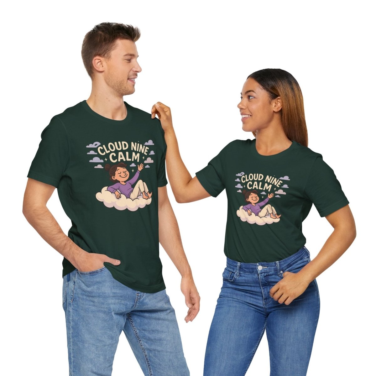 "Cloud Nine Calm" Relaxed Unisex Jersey Short Sleeve T-Shirt, Gift for Mindfulness, Cozy Fashion, Casual Wear, Relaxation Outfit - CW2 MINDSet Collection - AI Tee Hero