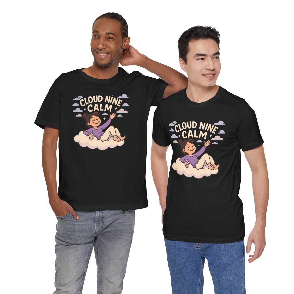 "Cloud Nine Calm" Relaxed Unisex Jersey Short Sleeve T-Shirt, Gift for Mindfulness, Cozy Fashion, Casual Wear, Relaxation Outfit - CW2 MINDSet Collection - AI Tee Hero