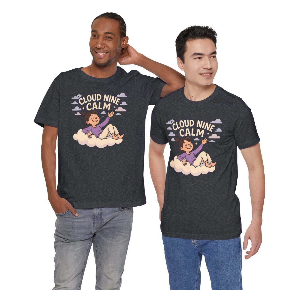 "Cloud Nine Calm" Relaxed Unisex Jersey Short Sleeve T-Shirt, Gift for Mindfulness, Cozy Fashion, Casual Wear, Relaxation Outfit - CW2 MINDSet Collection - AI Tee Hero