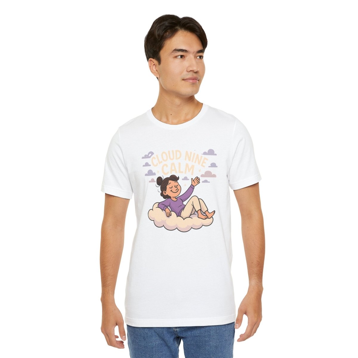 "Cloud Nine Calm" Relaxed Unisex Jersey Short Sleeve T-Shirt, Gift for Mindfulness, Cozy Fashion, Casual Wear, Relaxation Outfit - CW2 MINDSet Collection - AI Tee Hero