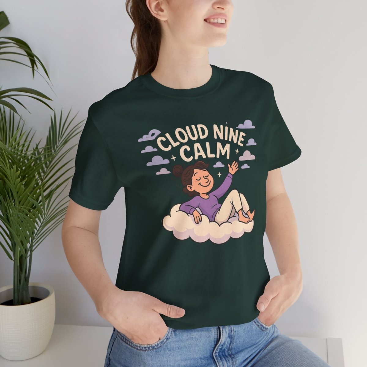 "Cloud Nine Calm" Relaxed Unisex Jersey Short Sleeve T-Shirt, Gift for Mindfulness, Cozy Fashion, Casual Wear, Relaxation Outfit - CW2 MINDSet Collection - AI Tee Hero