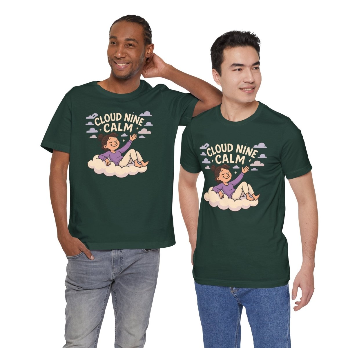 "Cloud Nine Calm" Relaxed Unisex Jersey Short Sleeve T-Shirt, Gift for Mindfulness, Cozy Fashion, Casual Wear, Relaxation Outfit - CW2 MINDSet Collection - AI Tee Hero