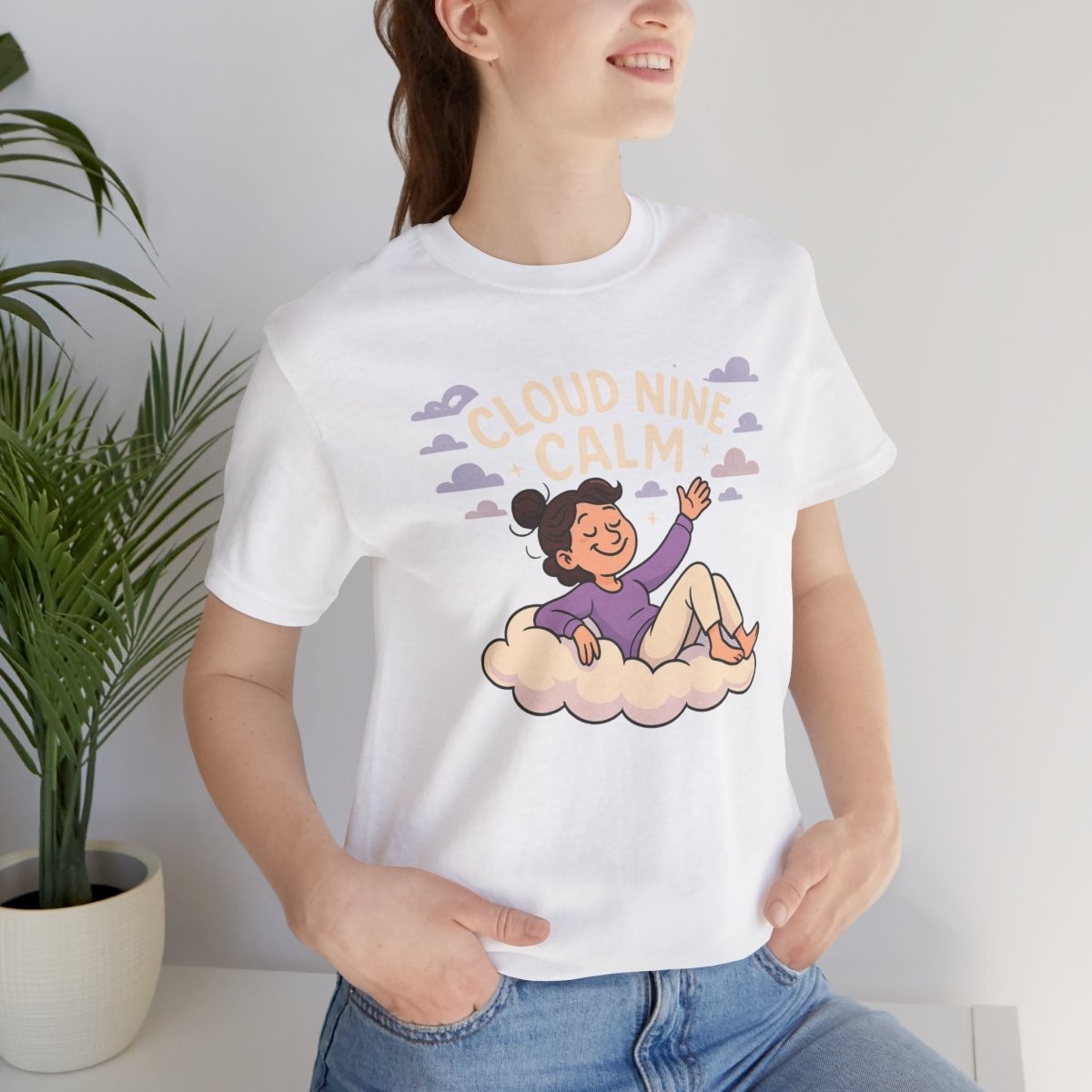 "Cloud Nine Calm" Relaxed Unisex Jersey Short Sleeve T-Shirt, Gift for Mindfulness, Cozy Fashion, Casual Wear, Relaxation Outfit - CW2 MINDSet Collection - AI Tee Hero