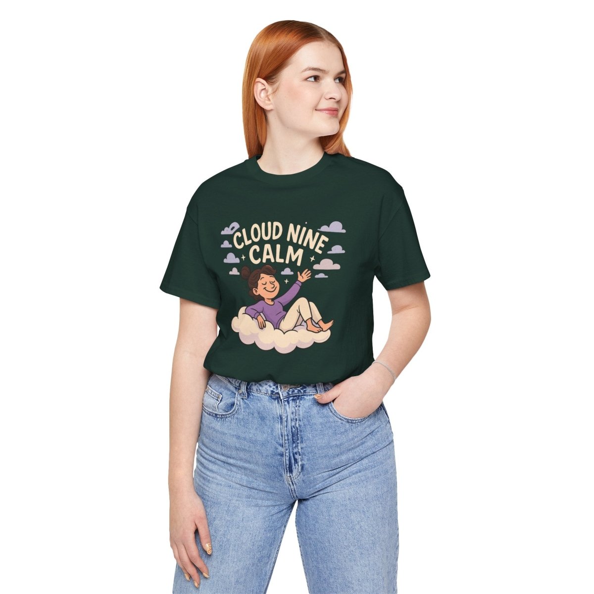"Cloud Nine Calm" Relaxed Unisex Jersey Short Sleeve T-Shirt, Gift for Mindfulness, Cozy Fashion, Casual Wear, Relaxation Outfit - CW2 MINDSet Collection - AI Tee Hero